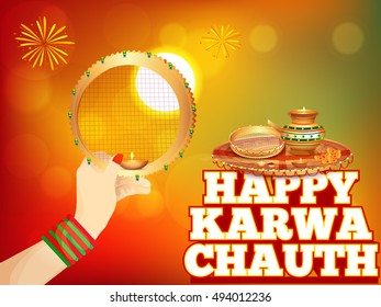Creative concept with decorated pooja thali of indian festival of karwa chauth celebration.