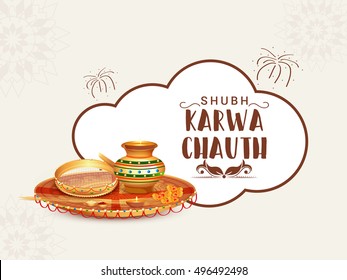 Creative concept with decorated pooja thali for indian festival of karwa chauth celebration.