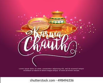 Creative concept with decorated pooja thali for indian festival of karwa chauth celebration.