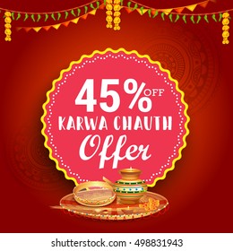 Creative concept with decorated pooja thali for indian festival of karwa chauth celebration.
