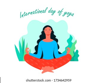 Creative concept design for International day of yoga. Young woman sitting in relax yoga pose. Vector illustration banner, brochure and poster design.