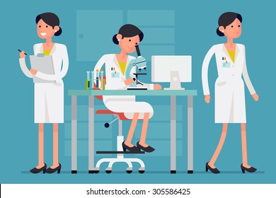 Creative concept design on female scientist character in different poses and situations such as working on research with microscope, walking, holding clipboard