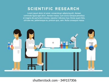 Creative concept design on female scientist character in different poses and situations such as working on research with microscope, walking, holding clipboard. Flat doodle