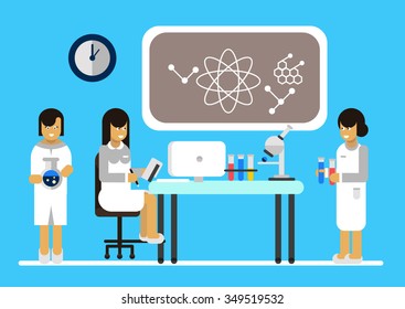 Creative concept design on female scientist character in different poses and situations such as working on research with microscope, walking, holding clipboard. Flat doodle
