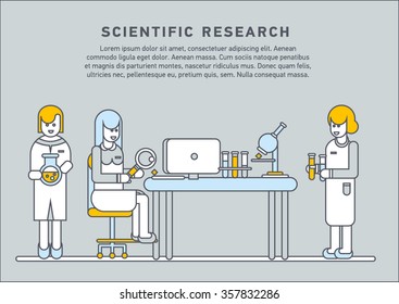 Creative concept design on female scientist character in different poses and situations such as working on research with microscope, walking, holding clipboard. Flat line doodle