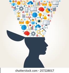 Creative concept of Development. Vector illustration. Man silhouette with Business icons and symbols in his head. Brainstorming process.  Idea Generation.