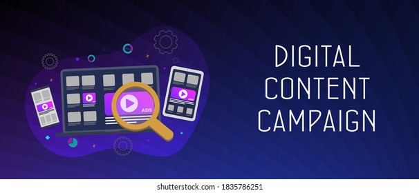 Pancarta horizontal creativa de campaña de contenido digital. Marketing de medios en línea, tecnología de publicidad con contenido comprometedor. Artículos de blogs y SMM y materiales de medios.