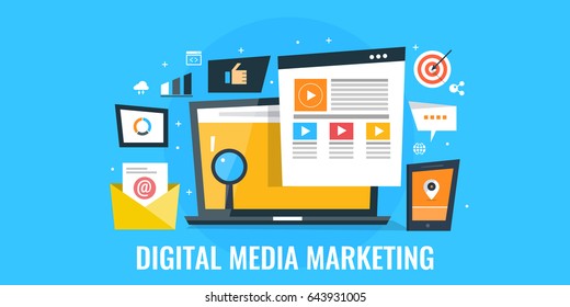 Creative Concept Of Digital Media Marketing, Web Promotion, Social Media Flat Vector Isolated On Blue Background