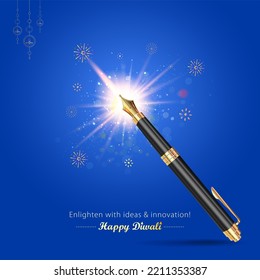 Creative concept for Diwali festival. Happy Diwali background with firecrackers light and educational writing pen.