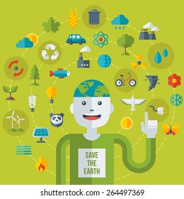 Creative concept of Ecology Science. Vector illustration. Man with Eco icons and symbols. Go green, Save the Earth