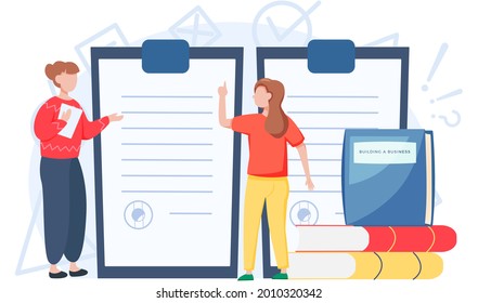 Creative concept of education. Student stands near stack of books. Back to school. Learning process. Business people communicate at meeting, folders with documents, meetup, conversation in office