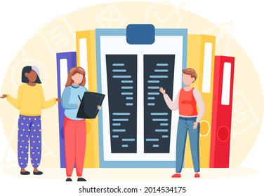 Concepto creativo de educación. Estudiante parado cerca de una pila de libros. De vuelta a la escuela. Proceso de aprendizaje. Personas de negocios se comunican en la reunión, carpetas con documentos, reunión, conversación en la oficina