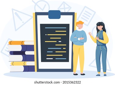 Creative concept of education. Student stands near stack of books. Back to school. Learning process. Business people communicate at meeting, folders with documents, meetup, conversation in office