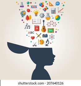 Creative concept of education. Vector illustration. Boy silhouette with school icons and symbols in his head. Learning process.