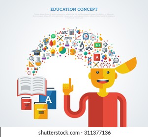 Creative concept of education. Vector illustration. Boy student with icons and symbols flying from books into his head. Back to school. Learning process.