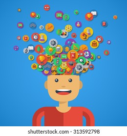 Creative Concept of Education. Vector illustration. Boy Student with icons and Symbols Flying from his Head. Back to school. Learning Process. 