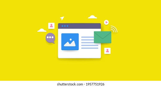 Creative concept of email marketing, email subscription, email communication, messages - conceptual vector illustration isolated on yellow background