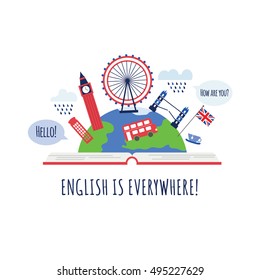 Creative Concept Of English Language Course Or School. Open Book With London Landmarks. Big Ben, Red Phone Box, Red Bus, Britain Flag. Made In Vector. Can Be Use Like Logo Or For Poster.