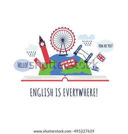 Creative concept of english language course or school. Open book with London landmarks. Big Ben, red phone box, red bus, Britain flag. Made in vector. Can be use like logo or for poster.