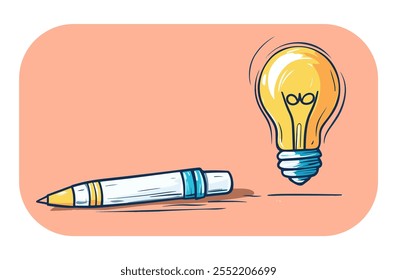 Creative concept featuring a light bulb and a pen on a pastel background illustrating ideas