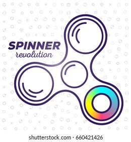 Creative concept of fidget spinner with colorful ring. Vector illustration of toy for improvement of attention span with text on white pattern background. Thin line art design of hand spinner for web