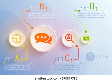 Creative concept with four circle communication icons of different size connected with text description columns vector illustration