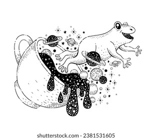 Creative concept with frog, cup, coffee splash and planets tattoo. Cute frog jump out of cup with tea and galaxy print. Concept of coffee break, launch, breakfast. Vector sketch celestial illustration