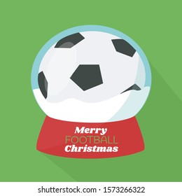 creative concept game icon or symbol & merry football christmas flat design cartoon. glass ball or snow globe vector. cool kicker greeting card for championship. play soccer in december. winter sport