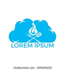 Creative concept with grilled sausage in a cloud shape. Grill bbq hotdog symbol. Fast food logo icon. Grill logo design concept. Tasty steak on fire and check sign makes cloud shape.