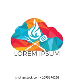 Creative concept with grilled sausage in a cloud shape. Grill bbq hotdog symbol. Fast food logo icon. Grill logo design concept. Tasty steak on fire and check sign makes cloud shape.