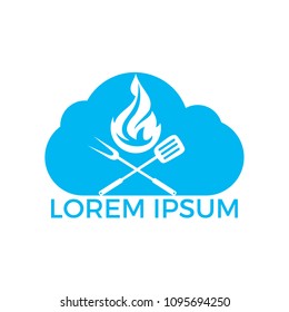 Creative concept with grilled sausage in a cloud shape. Grill bbq hotdog symbol. Fast food logo icon. Grill logo design concept. Tasty steak on fire and check sign makes cloud shape.