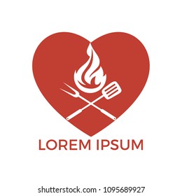 Creative concept with grilled sausage in a heart shape. Grill bbq hotdog love symbol. Fast food logo icon.Love grill logo design concept. Tasty steak on fire and check sign makes heart shape.