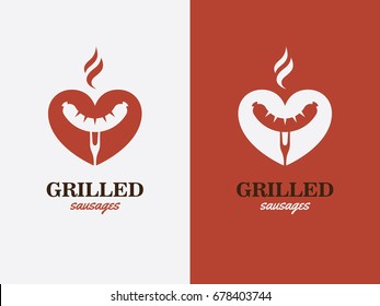 Creative concept with grilled sausage in a heart shape. Grill, bbq, hotdog love symbol. Fast food logo, icon.