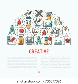 Creative concept in half circle with thin line icons of idea, puzzle, color palette, brushes, creative vision, development design. Vector illustration of banner, web page, print media.
