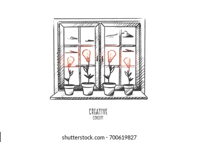 Creative concept. Hand drawn light bulbs as a symbol of growth of new idea. Burning bulbs like buds of flowers isolated vector illustration.