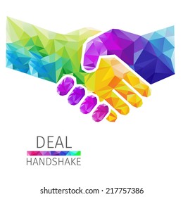 Creative concept of the handshake, deal consists of colorful polygons, vector