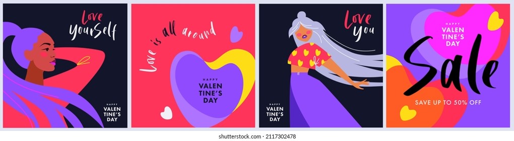 Creative concept of Happy Valentine’s Day card Set with typography text love you, love is all around and love yourself. Minimalist trendy design templates for sale, social media, web banner, cover