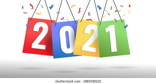 Creative Concept of Happy New Year 2021 on Hanging Colorful Paper.