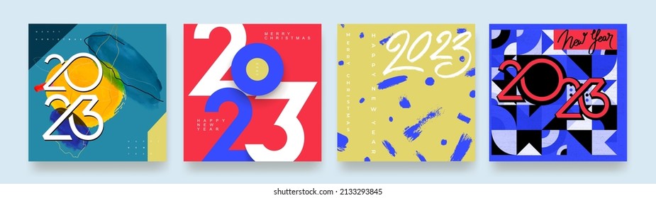 Creative concept of Happy New Year. Set of logo 2023 design templates with typography for celebration and season decoration. 2023 Minimal trendy backgrounds for branding, cover, banner, card, poster.