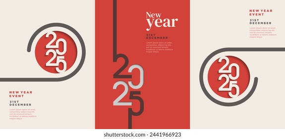 Concepto creativo Feliz Año Nuevo 2025 poster set. Plantilla de diseño con logotipo de tipografía 2025 para celebración y decoración de temporada. Fondo de moda minimalista para la marca, banner, cubierta, tarjeta.