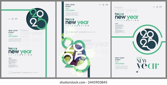 Frohes Neues Jahr 2025 Posterset. Design-Vorlage mit 2025 Typografie-Logo für Feier-Hintergrund und Saison-Dekoration. Moderner und minimalistischer Hintergrund für Branding und Banner.