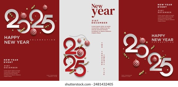 Creative concept Happy New Year 2025 poster set. Design template with 2025 typography logo and sparkling ribbon pieces for season celebration and decoration. Minimalist trendy background for branding.