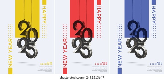 Creative concept Happy New Year 2025 poster set. Design template with 3d typography 2025 logo for season celebration and decoration. Minimalist trendy background for branding, banner, cover, card.