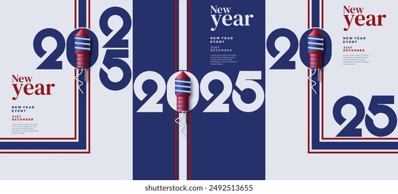 Concepto creativo Feliz Año Nuevo 2025 poster set. Plantilla de diseño con logotipo de tipografía 2025 para celebración y decoración de temporada. Fondo de moda minimalista para la marca, Anuncio, cubierta, tarjeta.