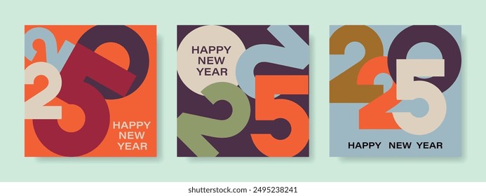 Concepto creativo de Feliz Año Nuevo 2025 poster set. Plantillas de diseño con logotipo tipográfico 2025. Fondos de moda minimalistas para la marca, el Anuncio, la cubierta, la postal. Vector.