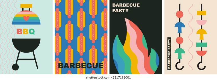 Creative concept of Happy Pride Month cards set. I love BBQ. Modern abstract geometric art design with rainbow flag, heart, grill,. Template for celebration, ads, branding, banner, label, poster.