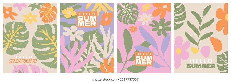 Creative concept Happy spring to summer greeting cards set leaves, plants, flowers. Mordern and Minimalist poster, covers, ads ,branding, labels celebration template
