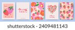 Creative concept of Happy Valentines Day cards set. Modern art design with hearts, strawberries, flowers and  modern typography. Templates for celebration, ads, branding, banner, cover, label, poster