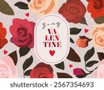 Creative concept of Happy Valentines Day card. Modern art design with roses, hearts and modern typography. Design template for celebration, ads, branding, banner, cover, label, poster in trendy brown