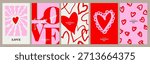 Creative concept of Happy Valentines Day cards set. Modern abstract art design with hearts shapes and typography design. Templates for celebration, ads, branding, banner, cover, label, poster, sales